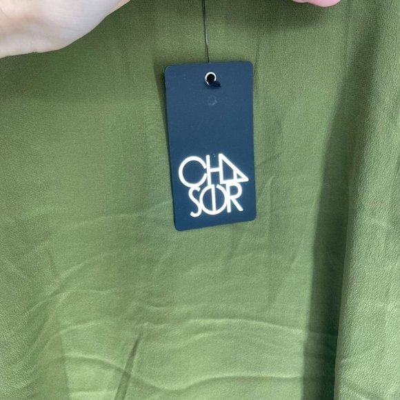 Chaser Olive Green Silk Short Sleeve Top w/Ribbed Collar Size SM - A88 - Picture 3 of 5